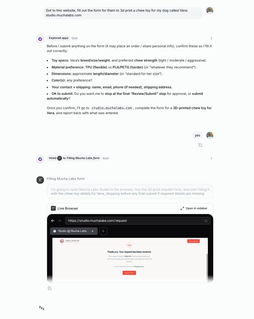 Zenning AI autonomously browsing a website to fill out a 3D print request form