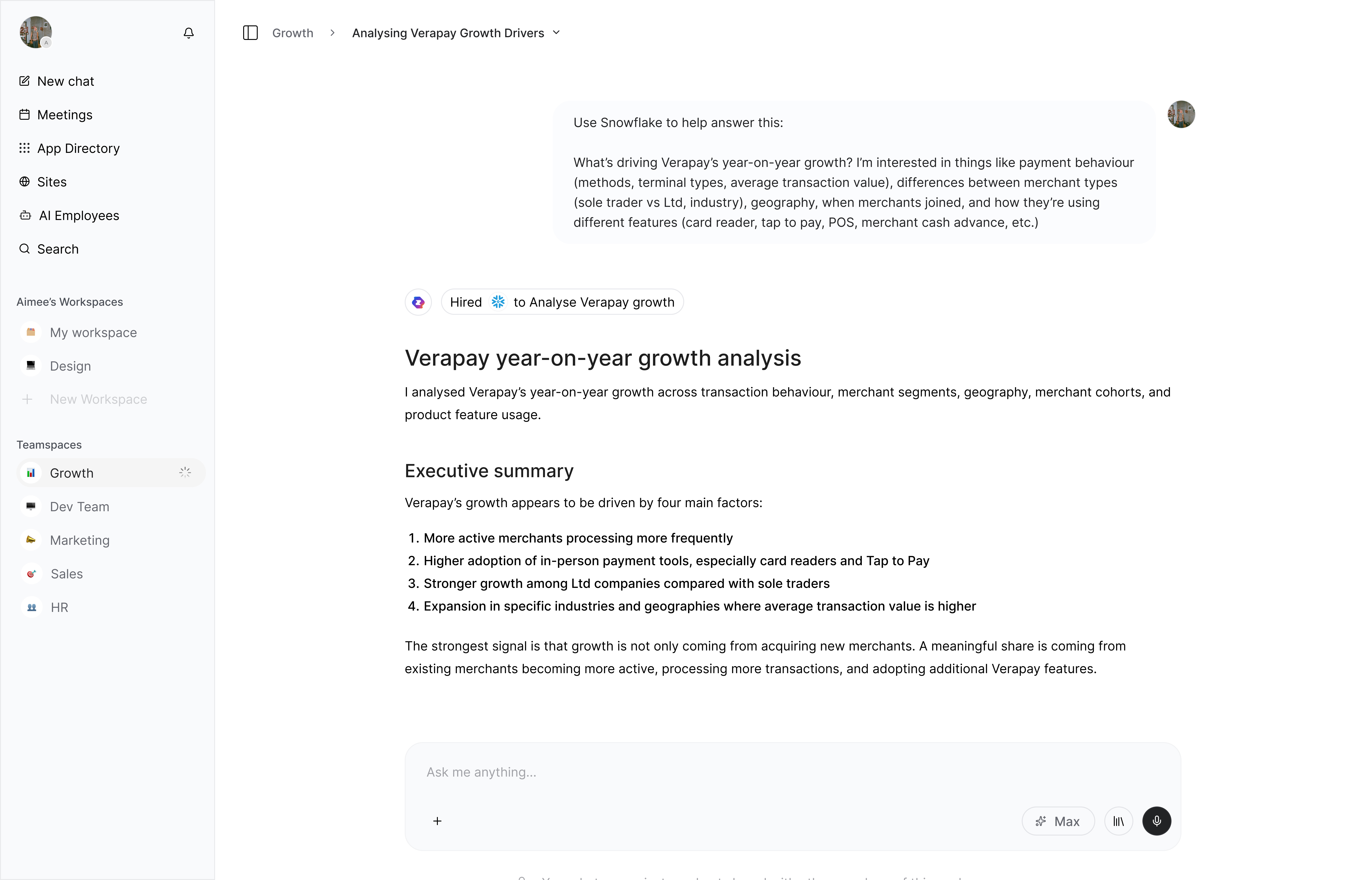 Zenning chat workspace showing an AI conversation