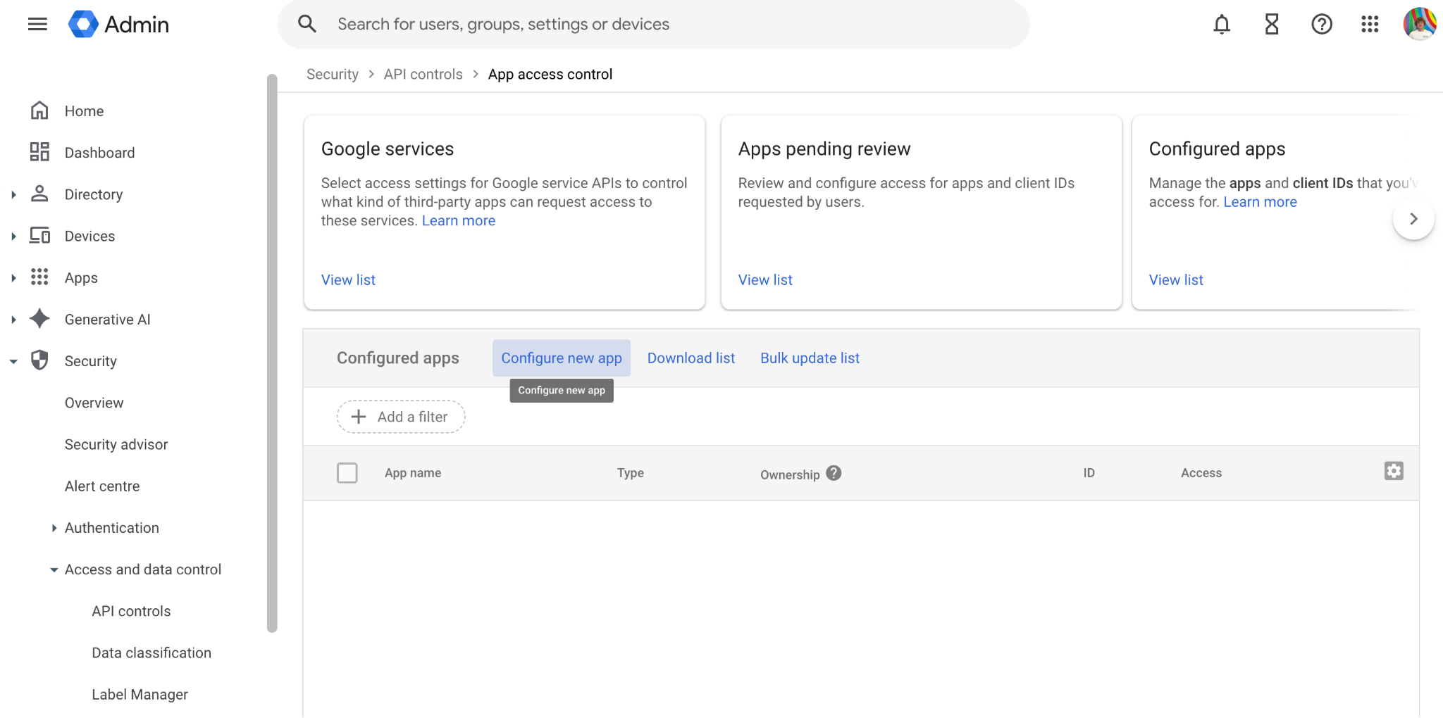 Configure new app dropdown with the OAuth App Name Or Client ID option highlighted.