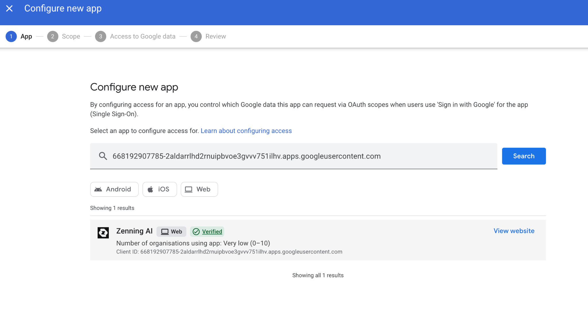 Search results showing the Zenning AI app entry, ready to be selected.